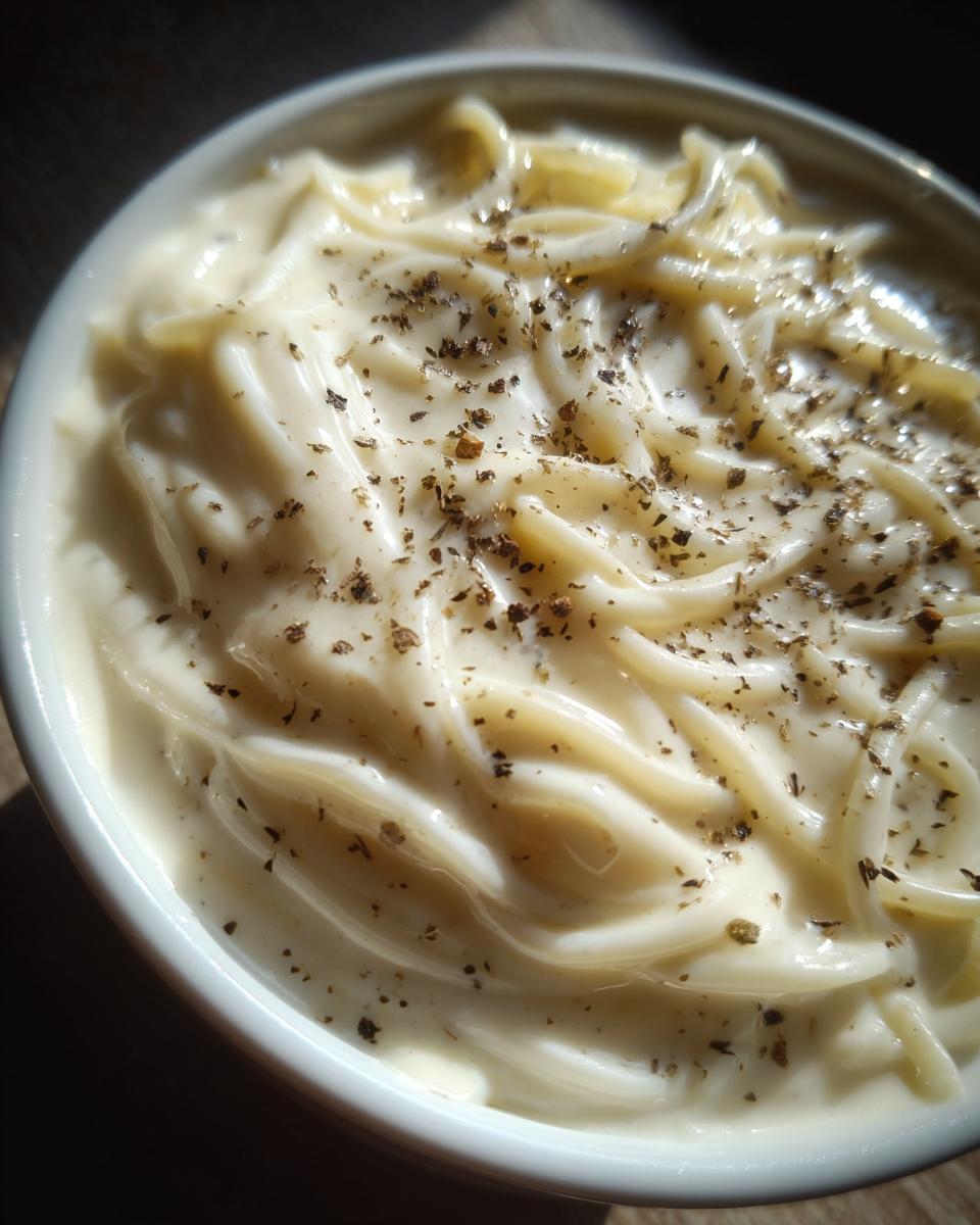 Close-up of creamy homemade alfredo sauce coating pasta strands, topped with cracked black pepper.