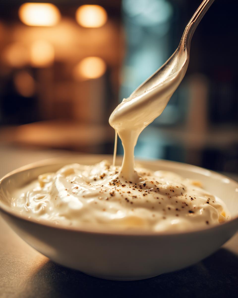 A spoonful of creamy homemade alfredo sauce dripping back into a bowl of pasta seasoned with black pepper.