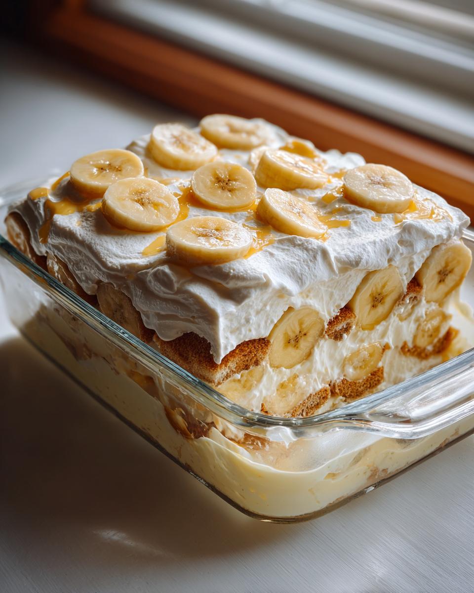 A rich, layered banana pudding dessert topped with whipped cream and fresh banana slices.