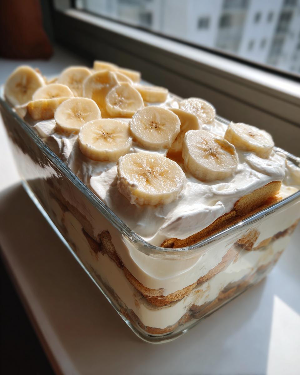 Close-up of creamy, layered banana pudding topped with fresh banana slices in a clear glass baking dish.