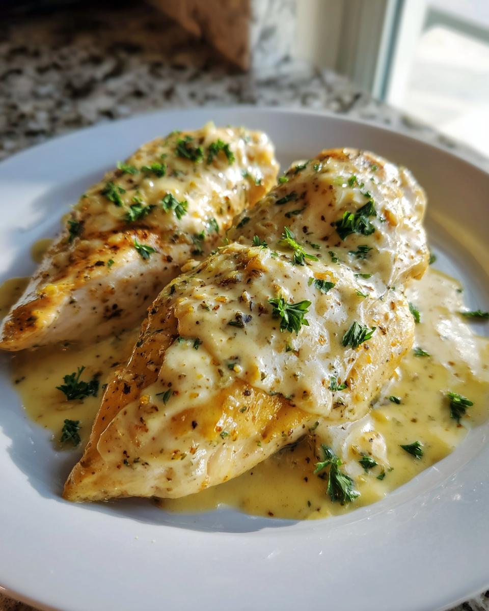 Two golden chicken breasts smothered in a rich, creamy lemon sauce and topped with fresh parsley.