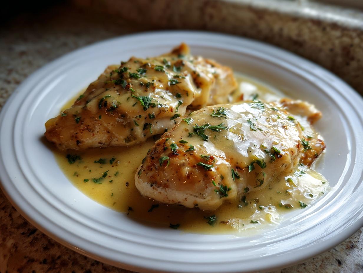 Two golden-brown chicken breasts smothered in a rich, creamy lemon sauce and topped with fresh parsley, ready to eat.