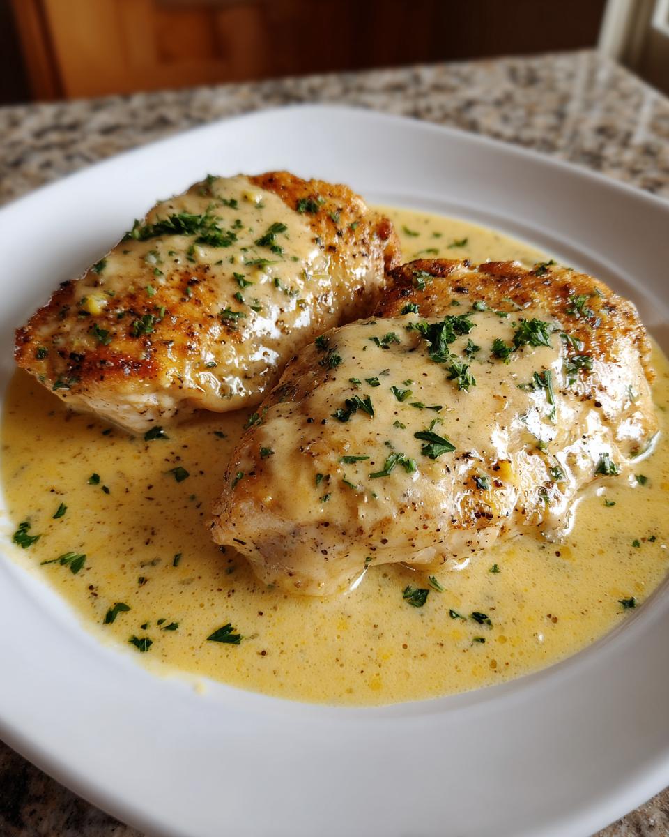 Two pan-seared chicken breasts covered in a rich, yellow creamy lemon chicken sauce and sprinkled with fresh parsley.