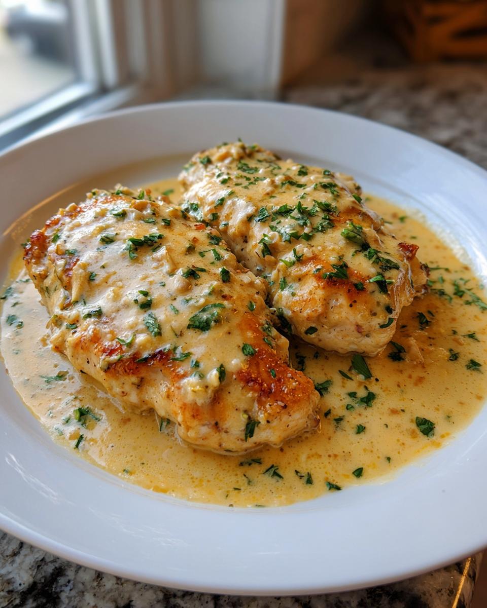 Two pan-seared chicken breasts covered in a rich, creamy lemon sauce and topped with fresh parsley, ready to eat.