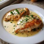 Two golden-brown chicken breasts smothered in a rich, creamy lemon sauce and topped with fresh parsley.