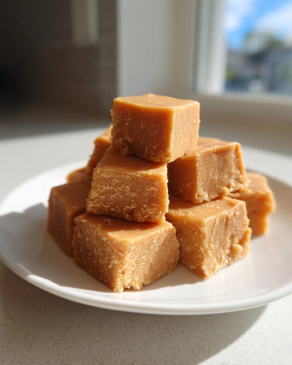 Close-up of several creamy, light brown maple fudge cubes stacked on a white plate near a bright window.
