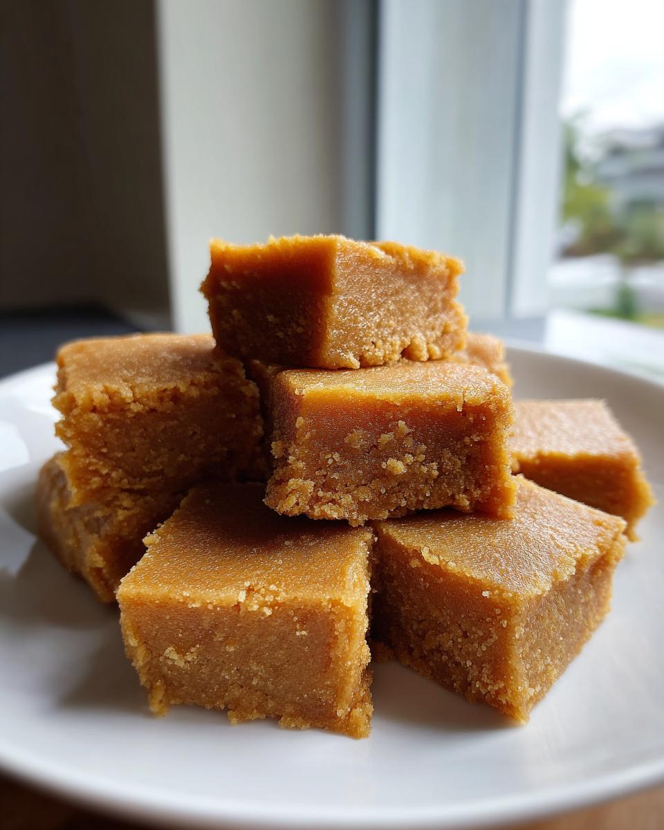 A close-up stack of creamy, light brown maple fudge squares resting on a white plate.