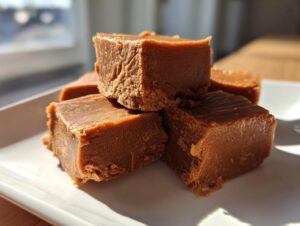 A stack of rich, brown, creamy maple fudge squares resting on a bright white serving dish.