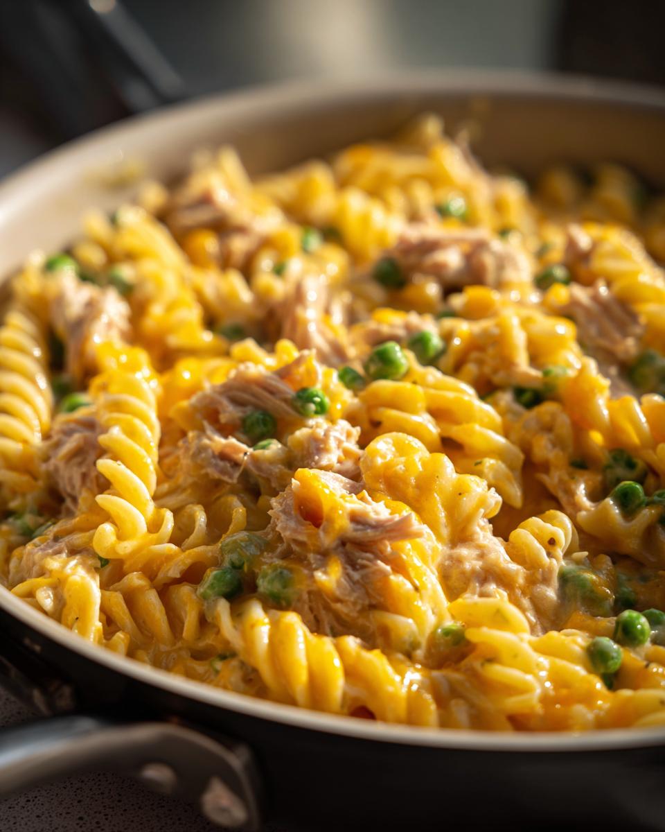 Close-up of creamy tuna pasta made with rotini, shredded tuna, and green peas, served hot in a skillet.