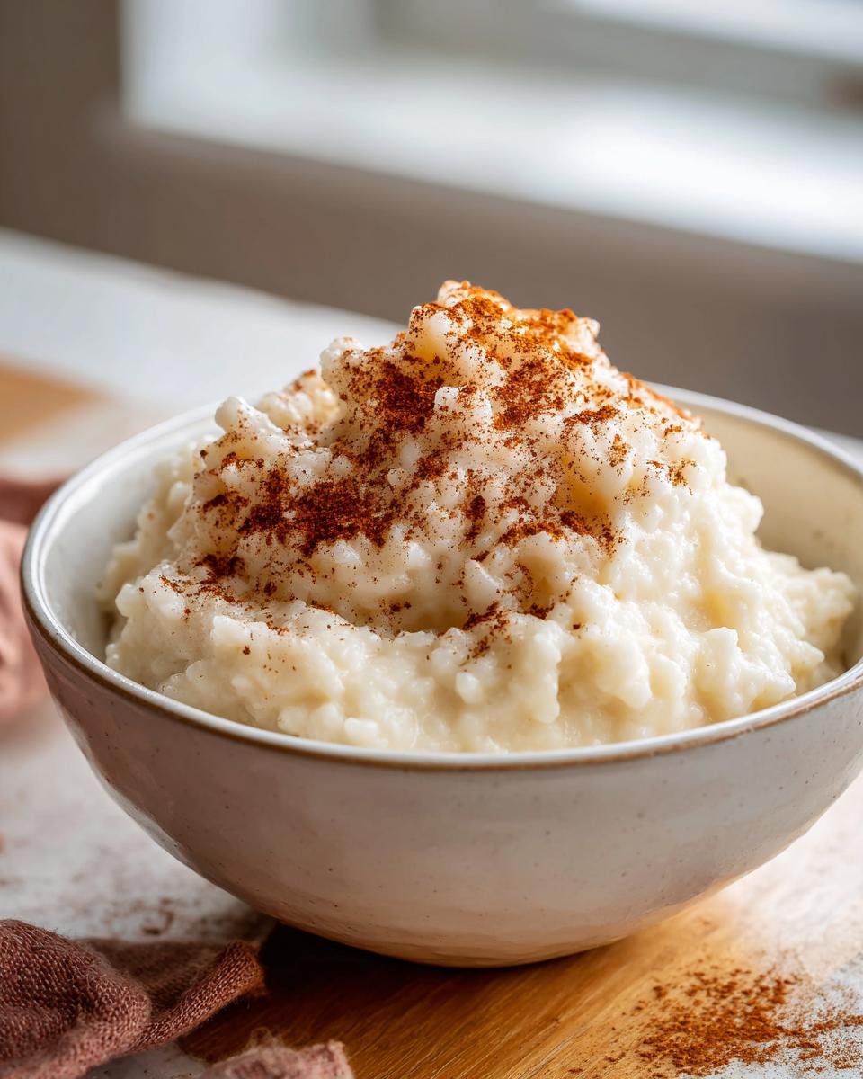 A close-up of creamy rice pudding recipe served in a rustic bowl, generously topped with ground cinnamon.