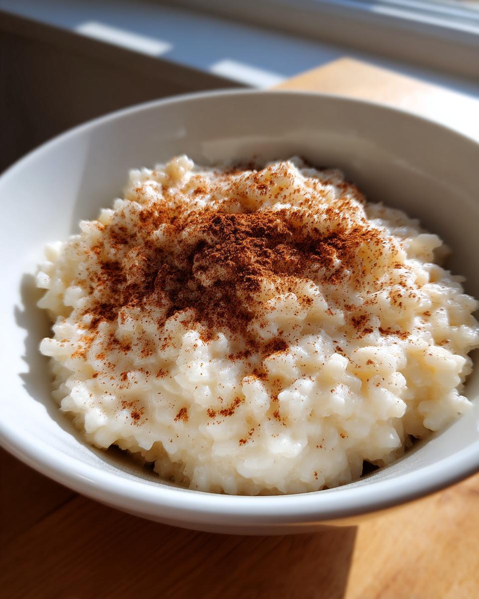Close-up of creamy rice pudding recipe served in a white bowl and generously sprinkled with cinnamon.