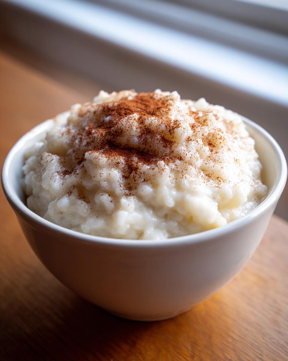 Close-up of a bowl of creamy rice pudding recipe dusted generously with cinnamon.