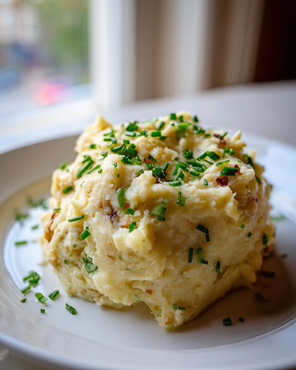 A generous serving of creamy roasted garlic mashed potatoes topped with fresh green chives on a white plate.