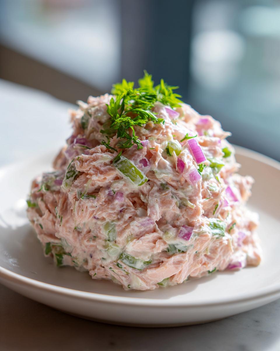 A mound of creamy salmon salad mixed with red onion and celery, topped with fresh dill.