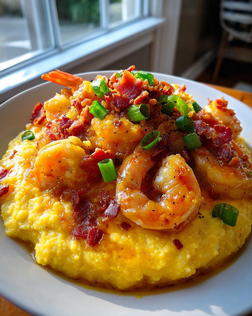 A close-up, appetizing photo of creamy yellow shrimp and grits topped with sautéed shrimp, crumbled bacon, and green onions.