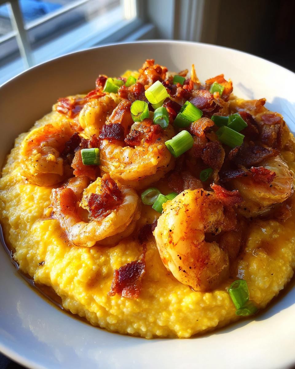 A close-up, warmly lit bowl of creamy shrimp and grits topped with crispy bacon bits and sliced green onions.