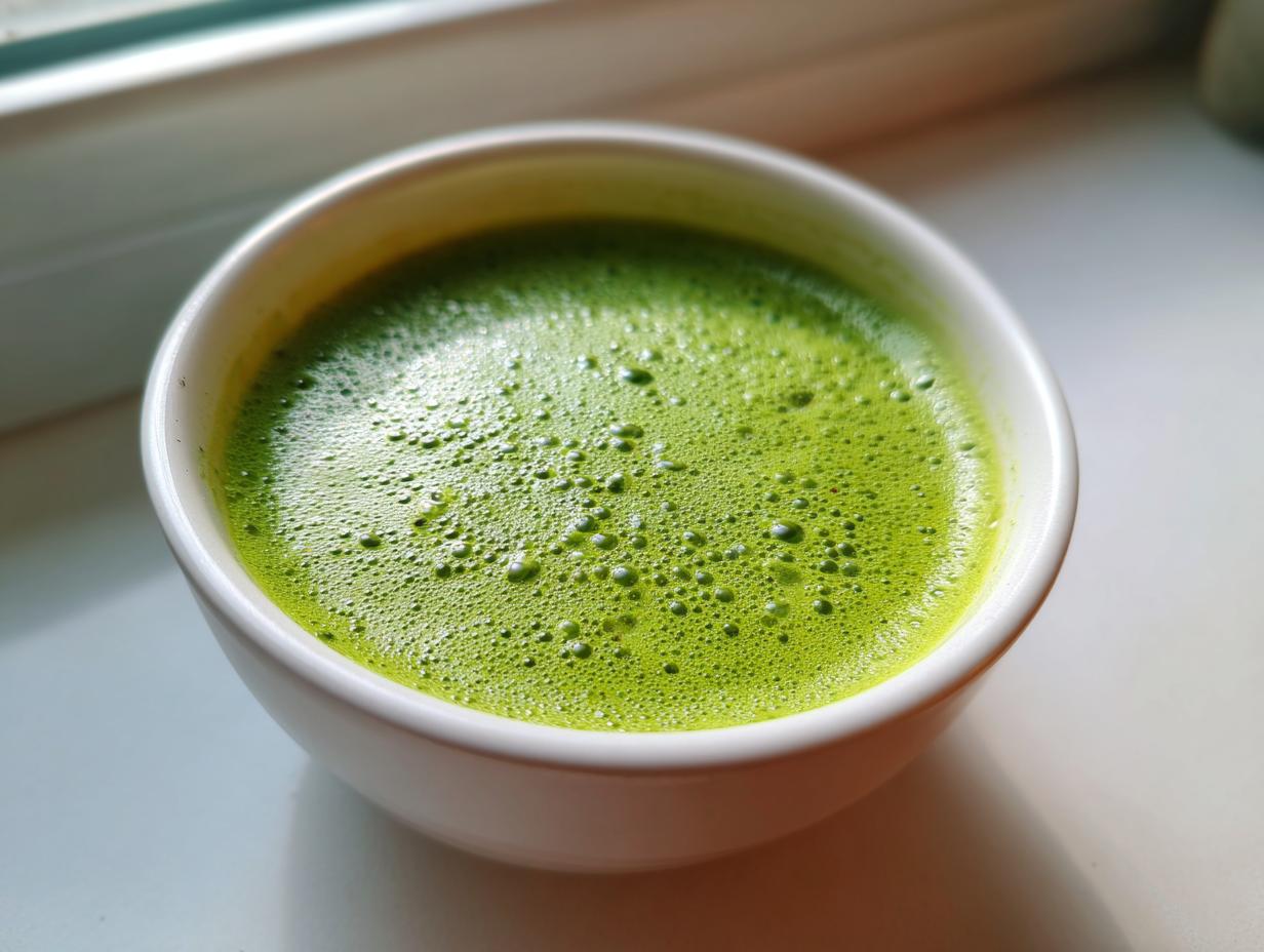 Close-up of a vibrant green, creamy zucchini soup with a frothy top in a white bowl.