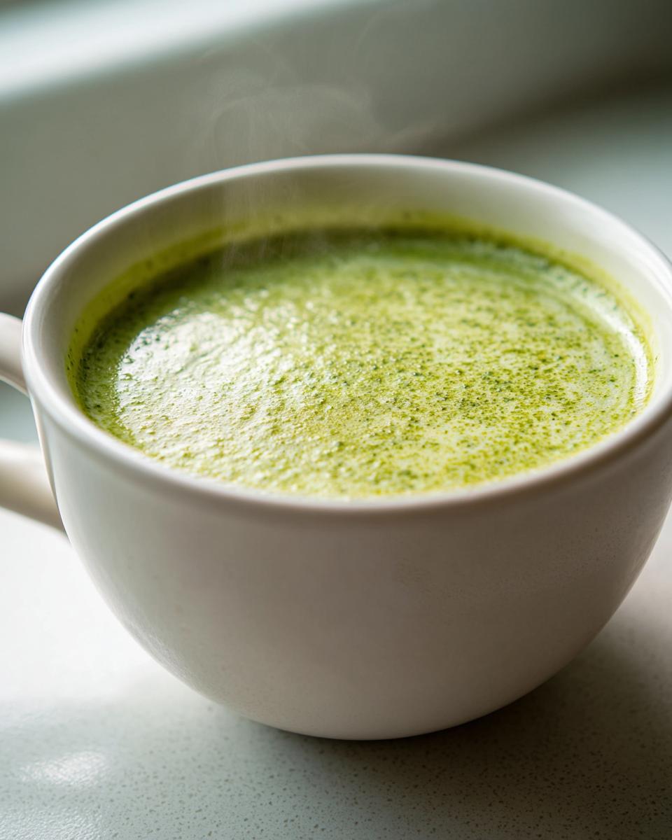 Close-up of hot, creamy zucchini soup with green specks, steaming in a white mug.