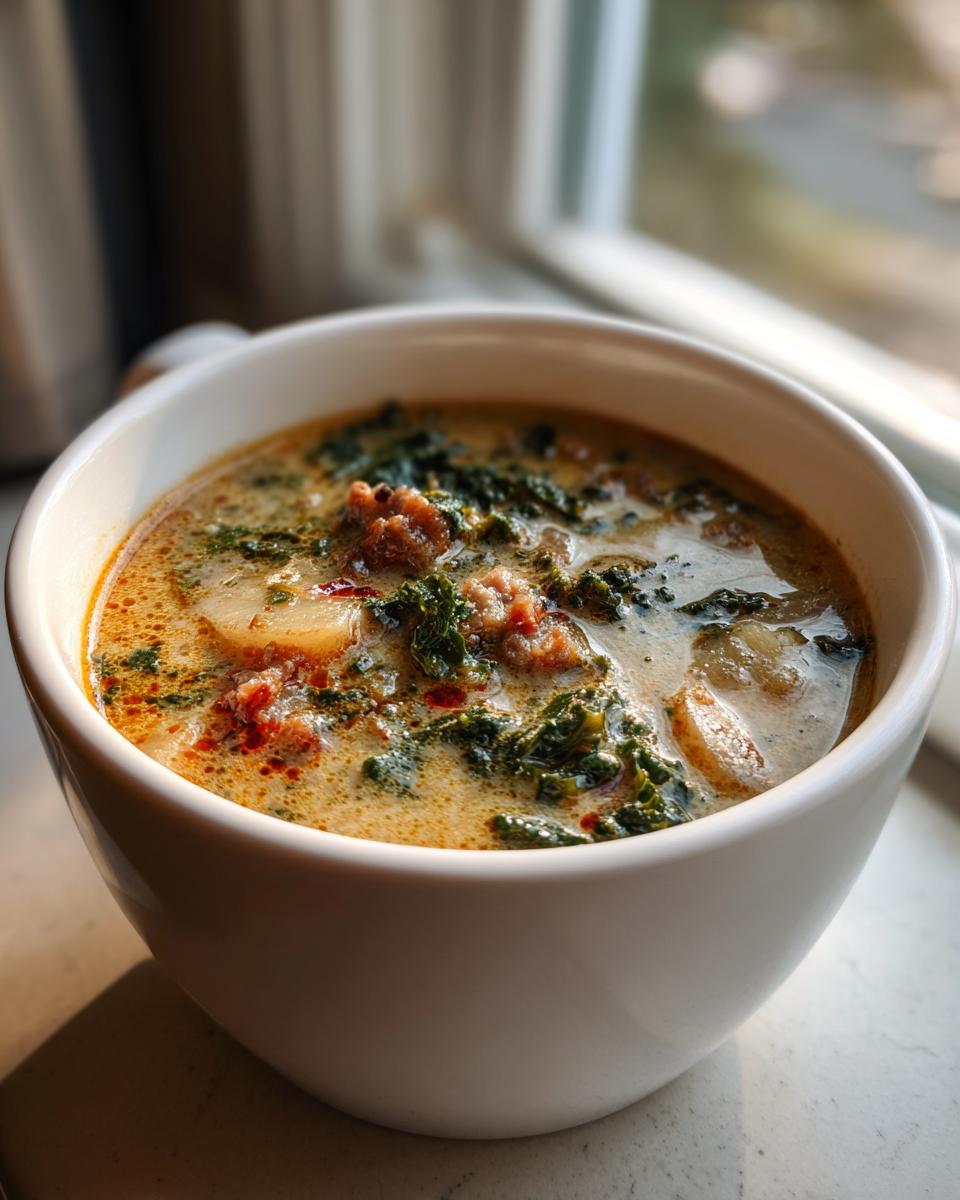 A close-up of a white bowl filled with creamy Zuppa Toscana soup, showing sausage, kale, and potatoes.