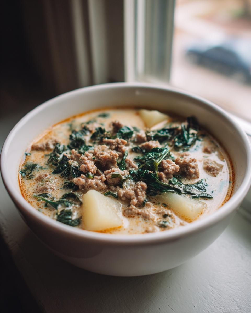 A close-up of a white bowl filled with creamy Zuppa Toscana soup featuring crumbled sausage, dark green kale, and chunks of potato.