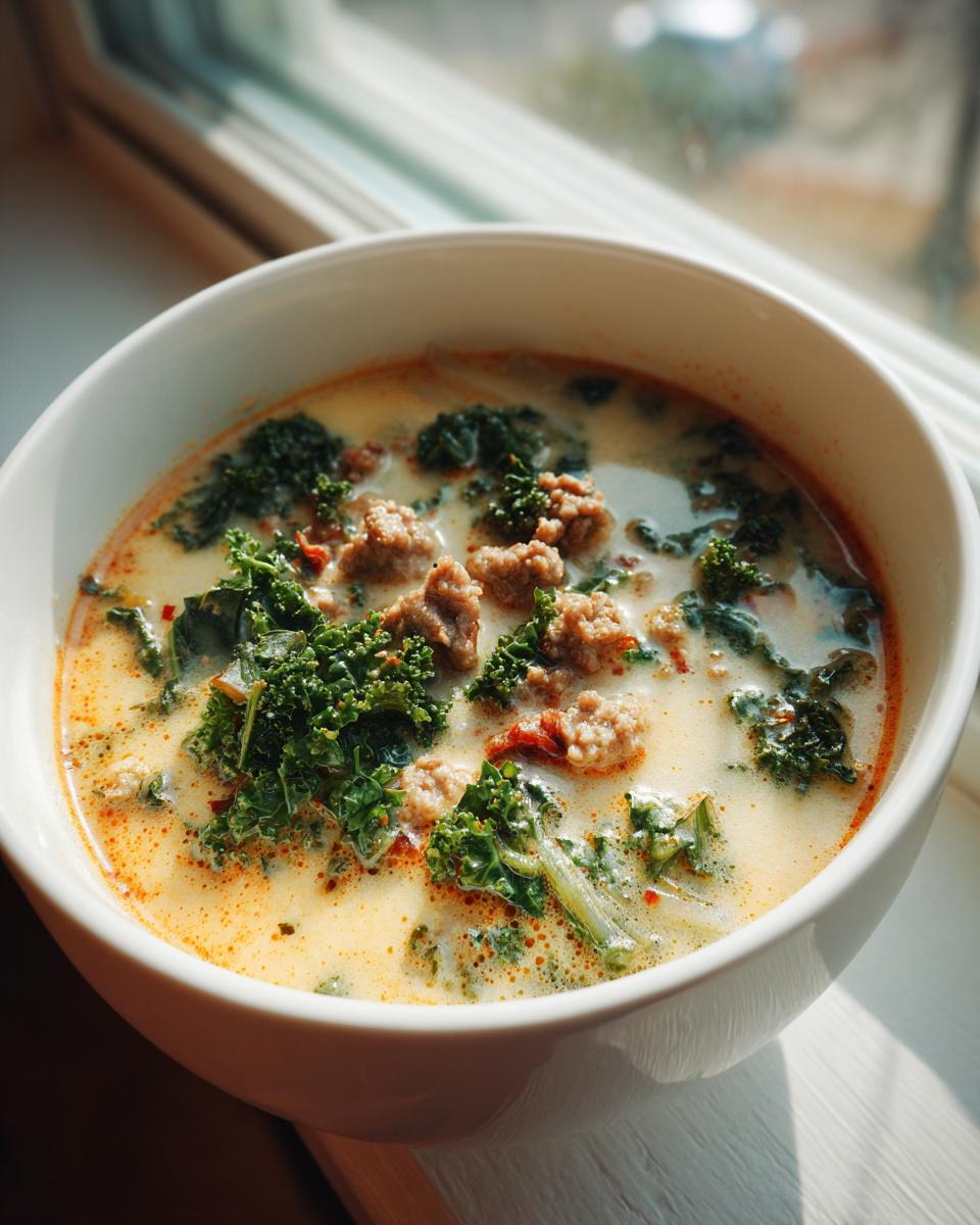 A close-up of a white bowl filled with creamy Zuppa Toscana soup, featuring chunks of sausage and bright green kale.