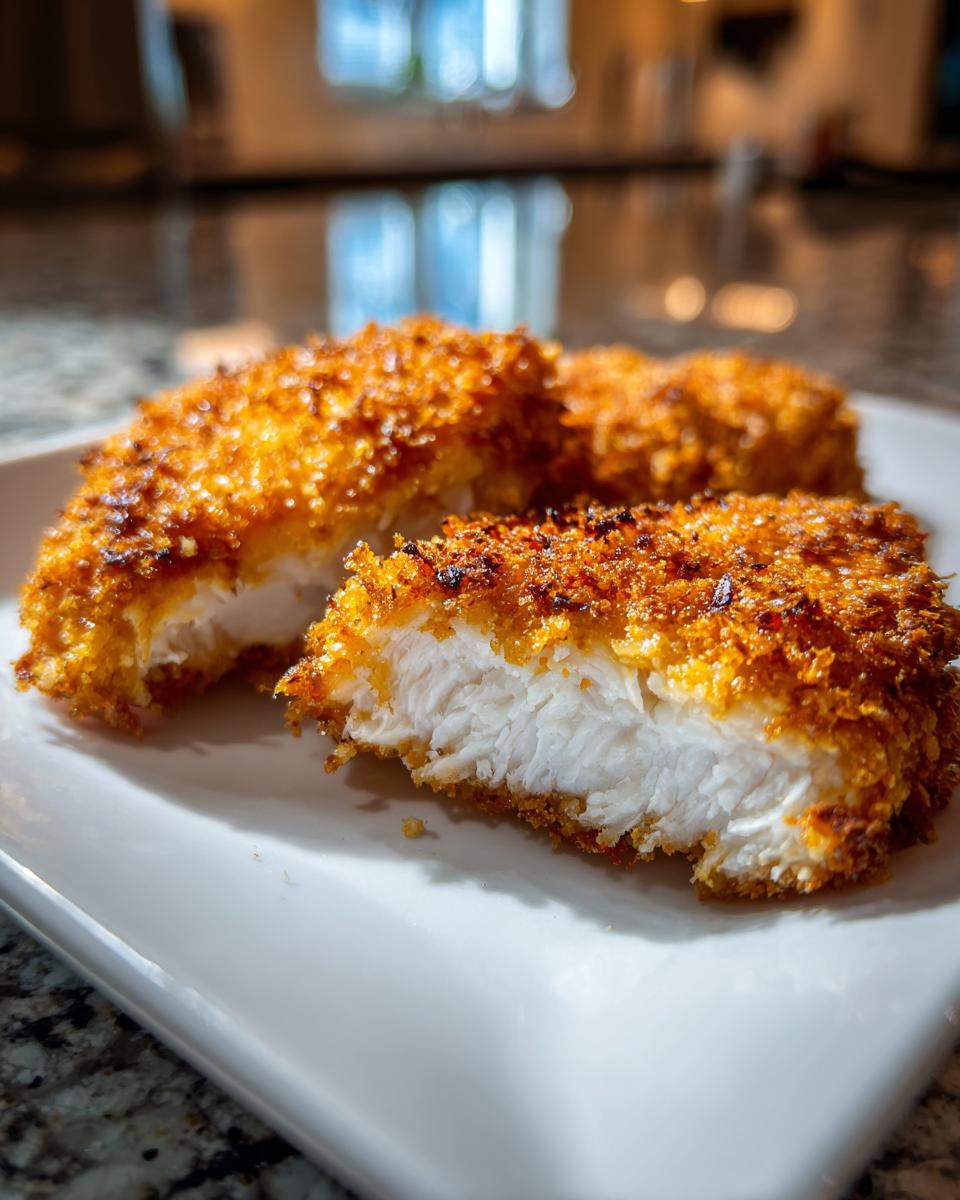 Close-up of golden brown, crispy air fryer chicken tenders, one cut open showing juicy white meat.