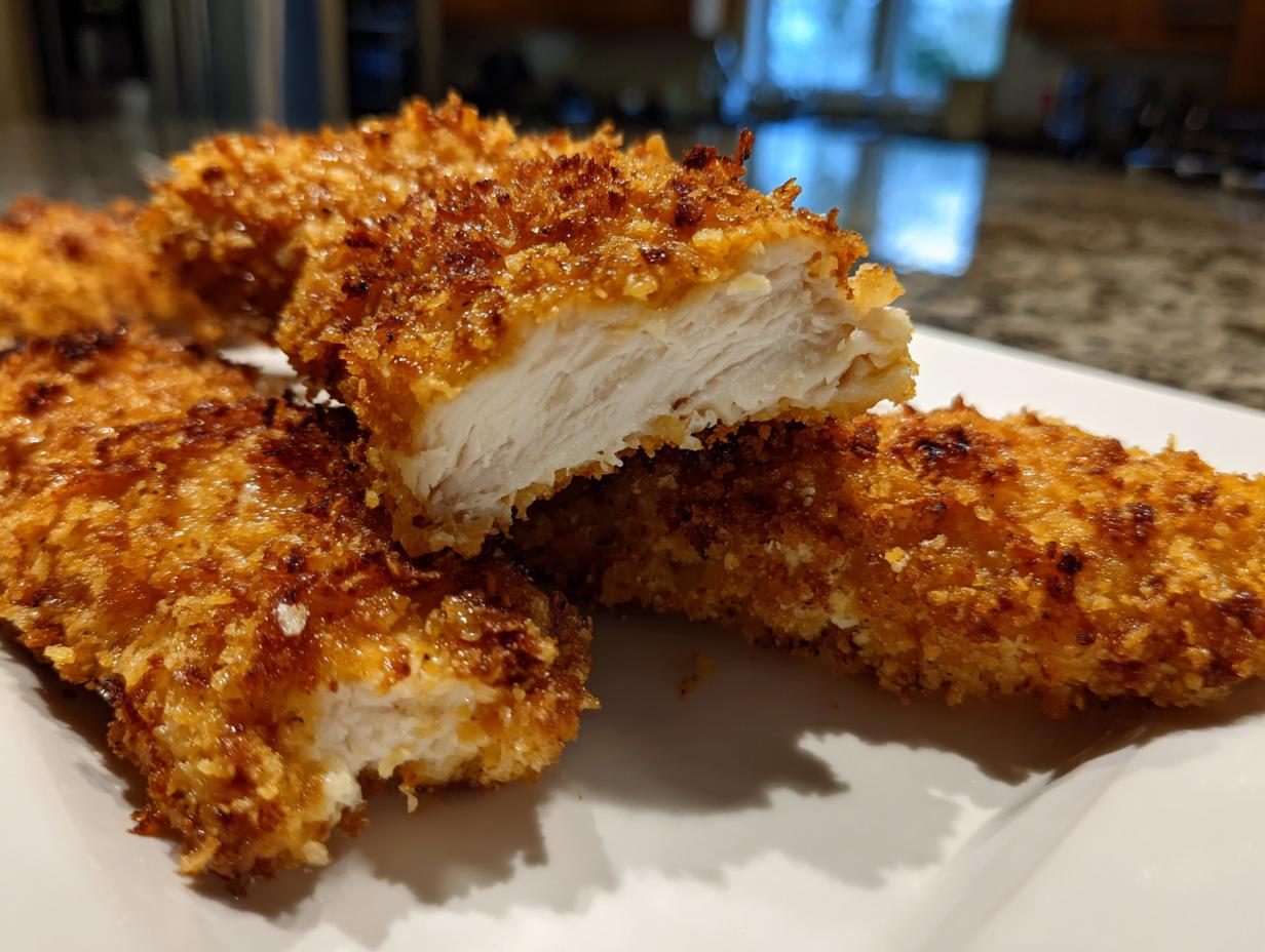 Close-up of perfectly cooked air fryer chicken tenders showing a crispy golden exterior and juicy white interior.