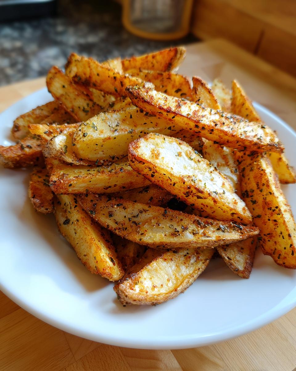 A close-up of perfectly cooked, golden brown air fryer potato wedges seasoned with herbs, piled on a white plate.