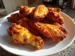 Close-up of several golden brown, crispy baked chicken wings piled on a white plate, showing their seasoned, crunchy texture.