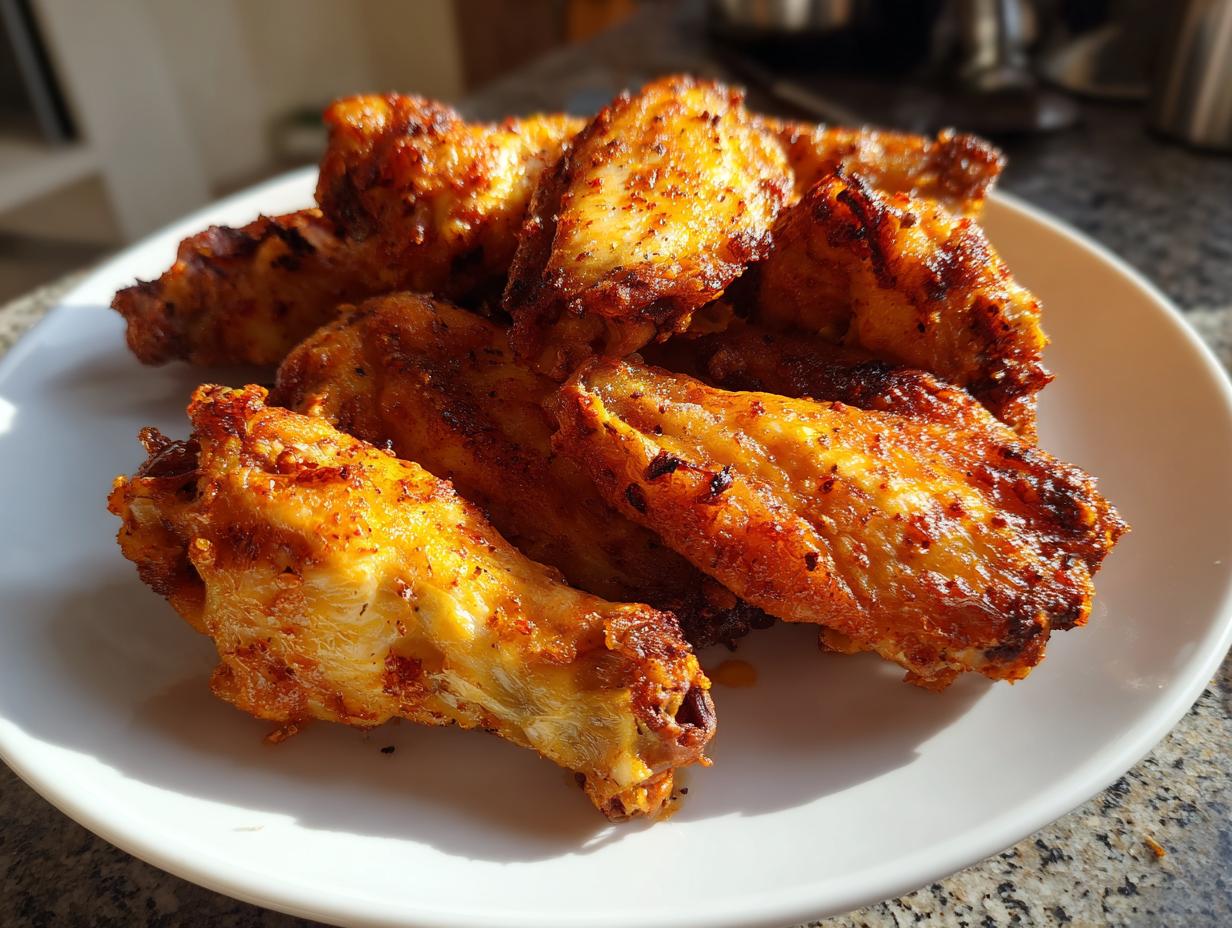 Close-up of several golden brown, crispy baked chicken wings piled on a white plate, showing their seasoned, crunchy texture.