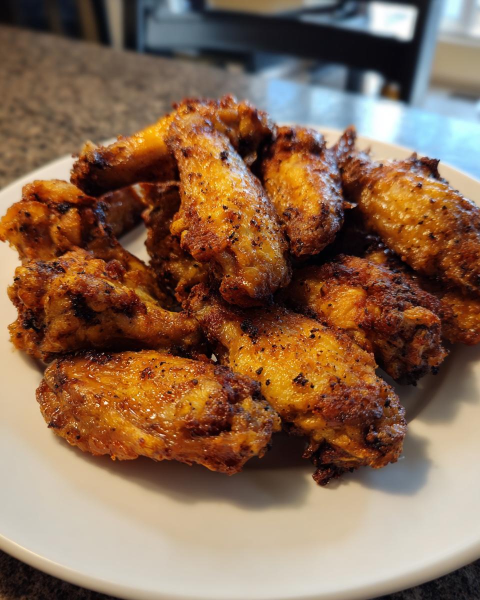 A pile of golden brown, seasoned crispy baked chicken wings stacked on a white plate.