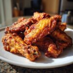 A close-up of a pile of golden brown, seasoned crispy baked chicken wings on a white plate.