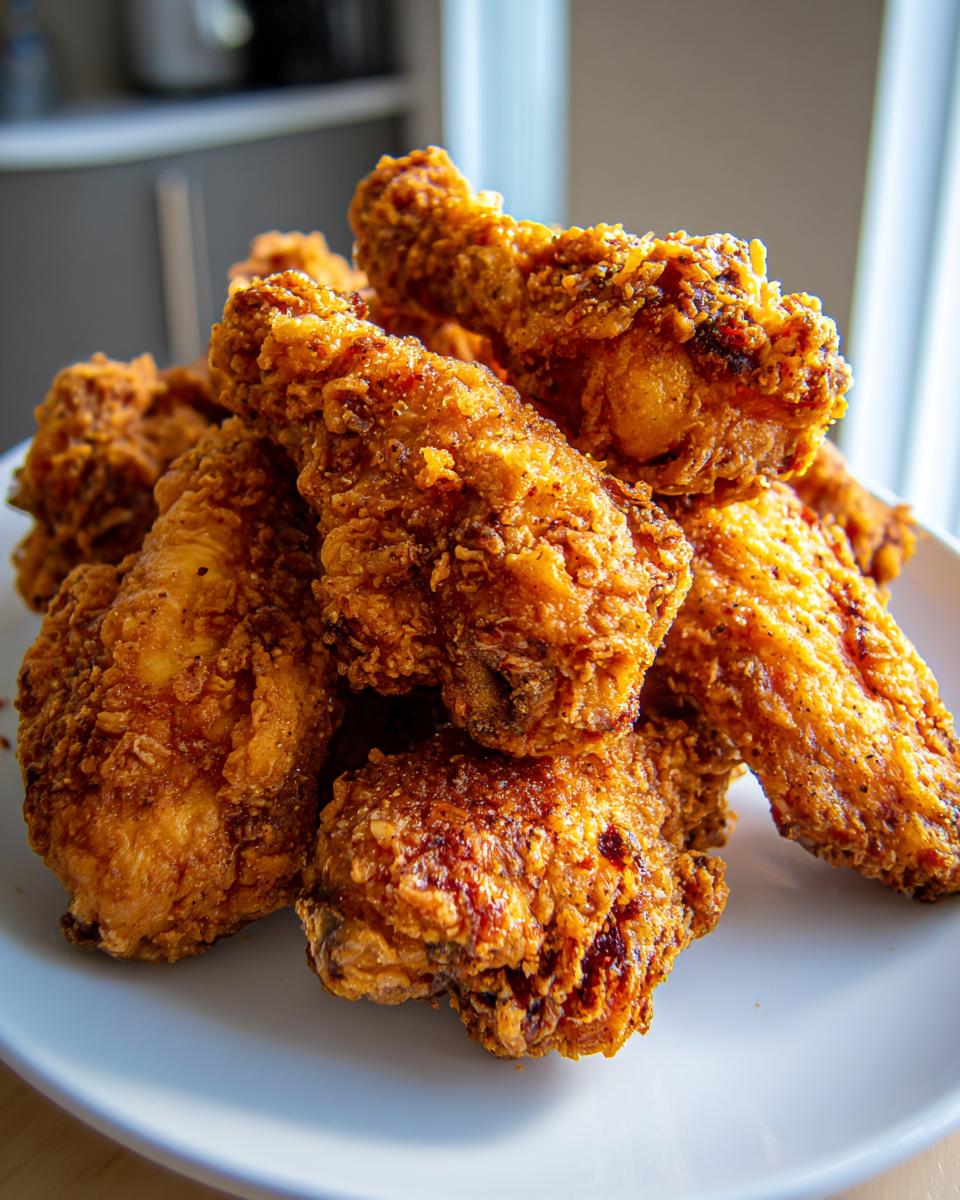 A close-up of a pile of golden brown, extra crispy baked chicken wings stacked on a white plate.