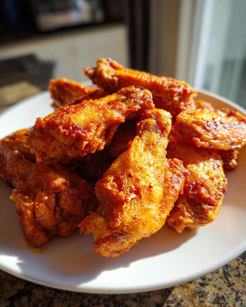 A close-up of golden brown, crispy baked chicken wings piled high on a white plate, catching bright sunlight.