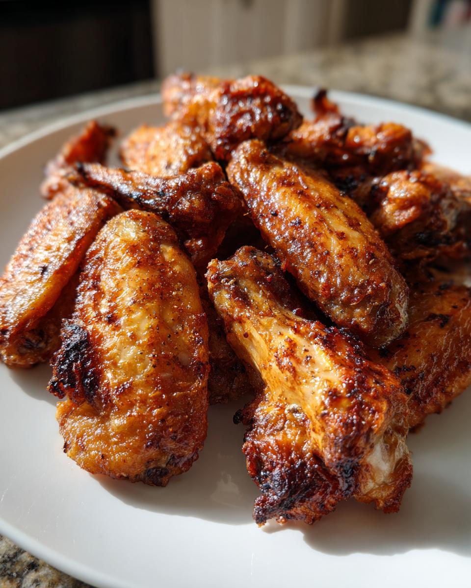 Close-up of several golden-brown, seasoned, crispy baked chicken wings piled on a white plate.