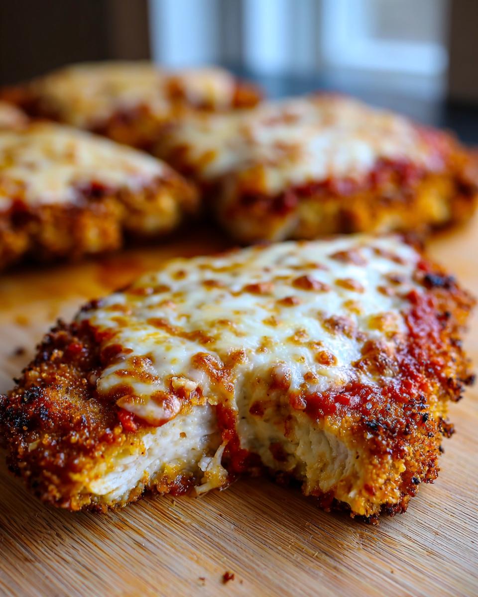 A close-up of a perfectly cooked chicken parmesan recipe piece showing a crispy golden crust and melted mozzarella cheese.