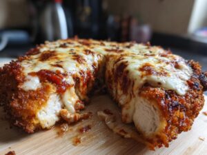 A thick, cross-section view of a juicy chicken parmesan recipe, showing crispy breading, melted mozzarella, and rich tomato sauce.