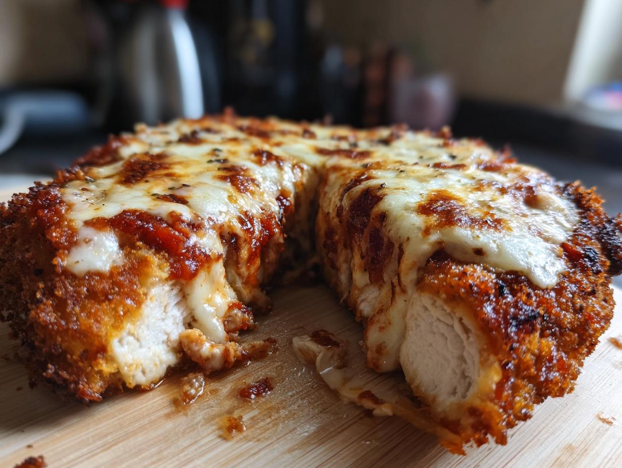 A thick, cross-section view of a juicy chicken parmesan recipe, showing crispy breading, melted mozzarella, and rich tomato sauce.