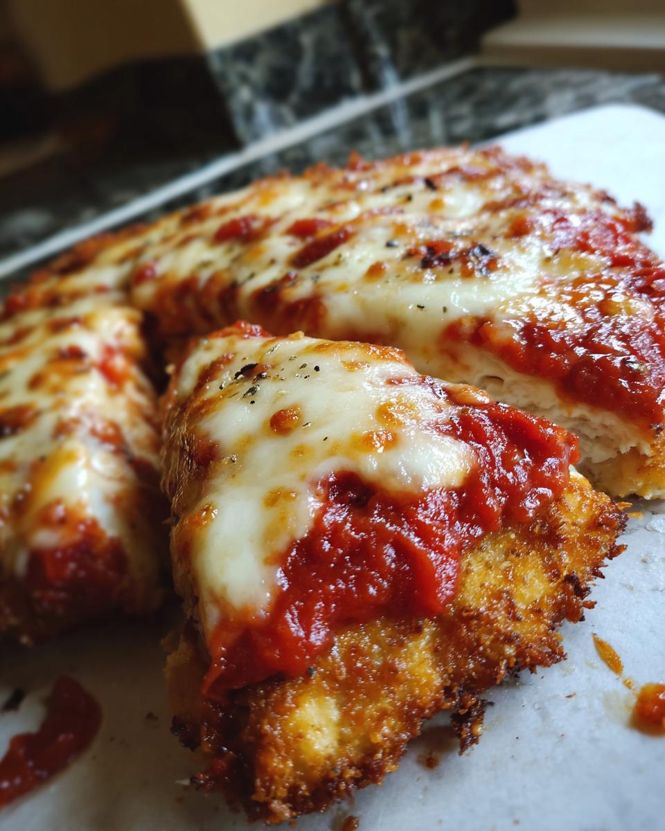 A close-up view of a slice of crispy chicken parmesan recipe topped with melted mozzarella and marinara sauce.