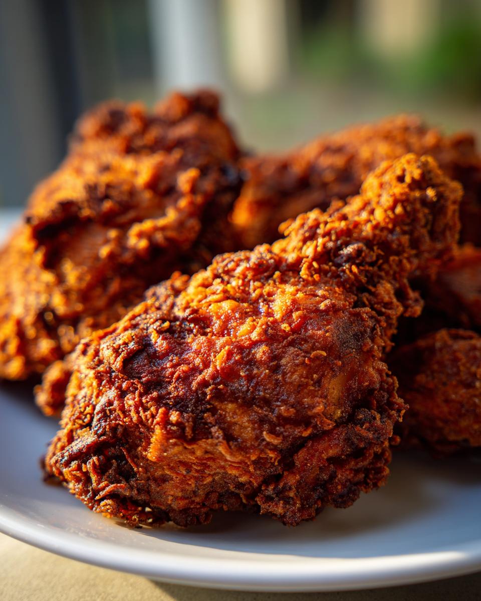 Close-up of a deeply browned, crispy piece of fried chicken on a white plate.