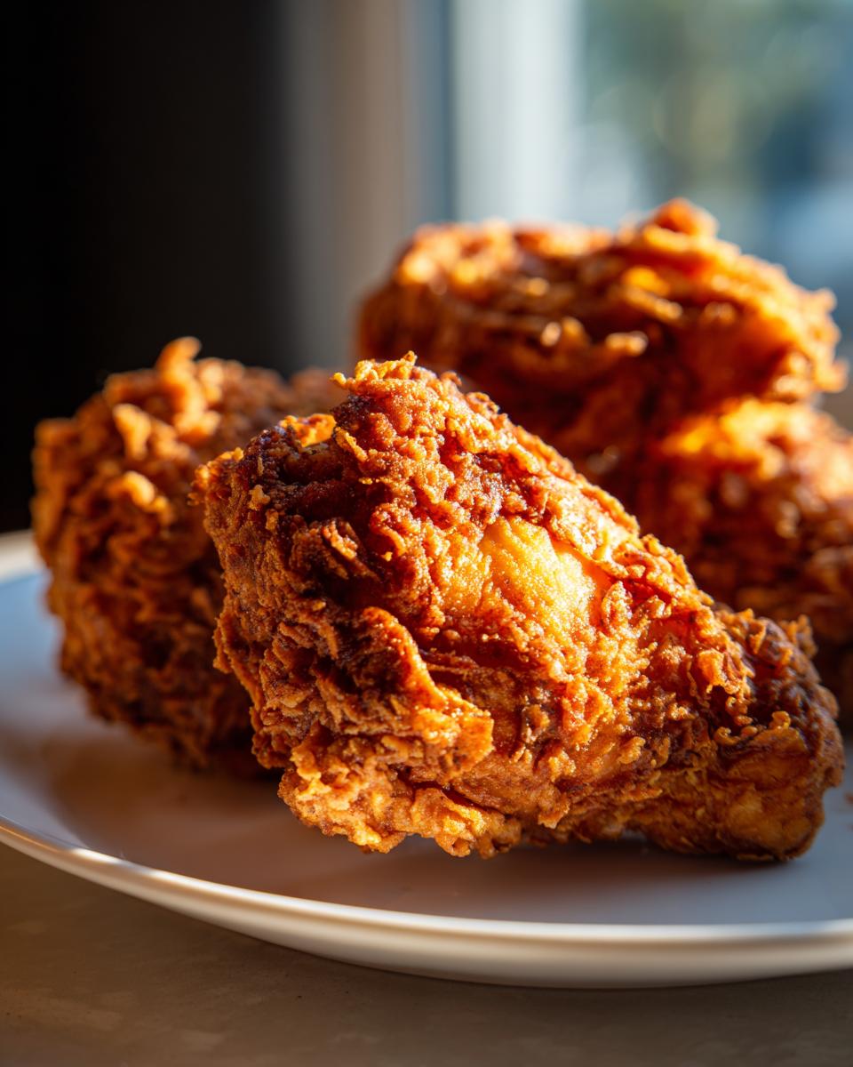 Close-up of perfectly crispy, golden brown fried chicken pieces stacked on a white plate.