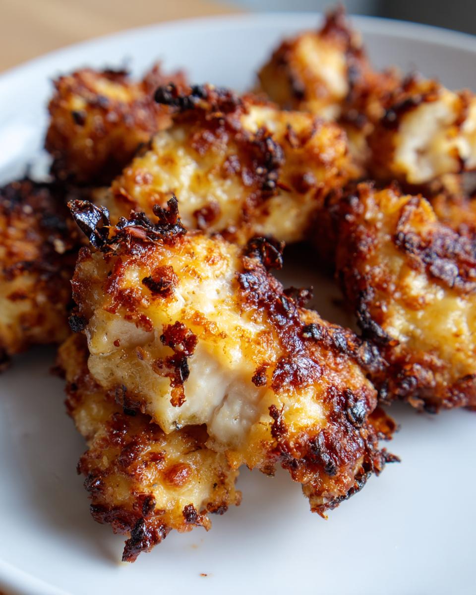 Close-up of crispy, golden-brown pieces of Garlic parmesan chicken bake served on a white plate.