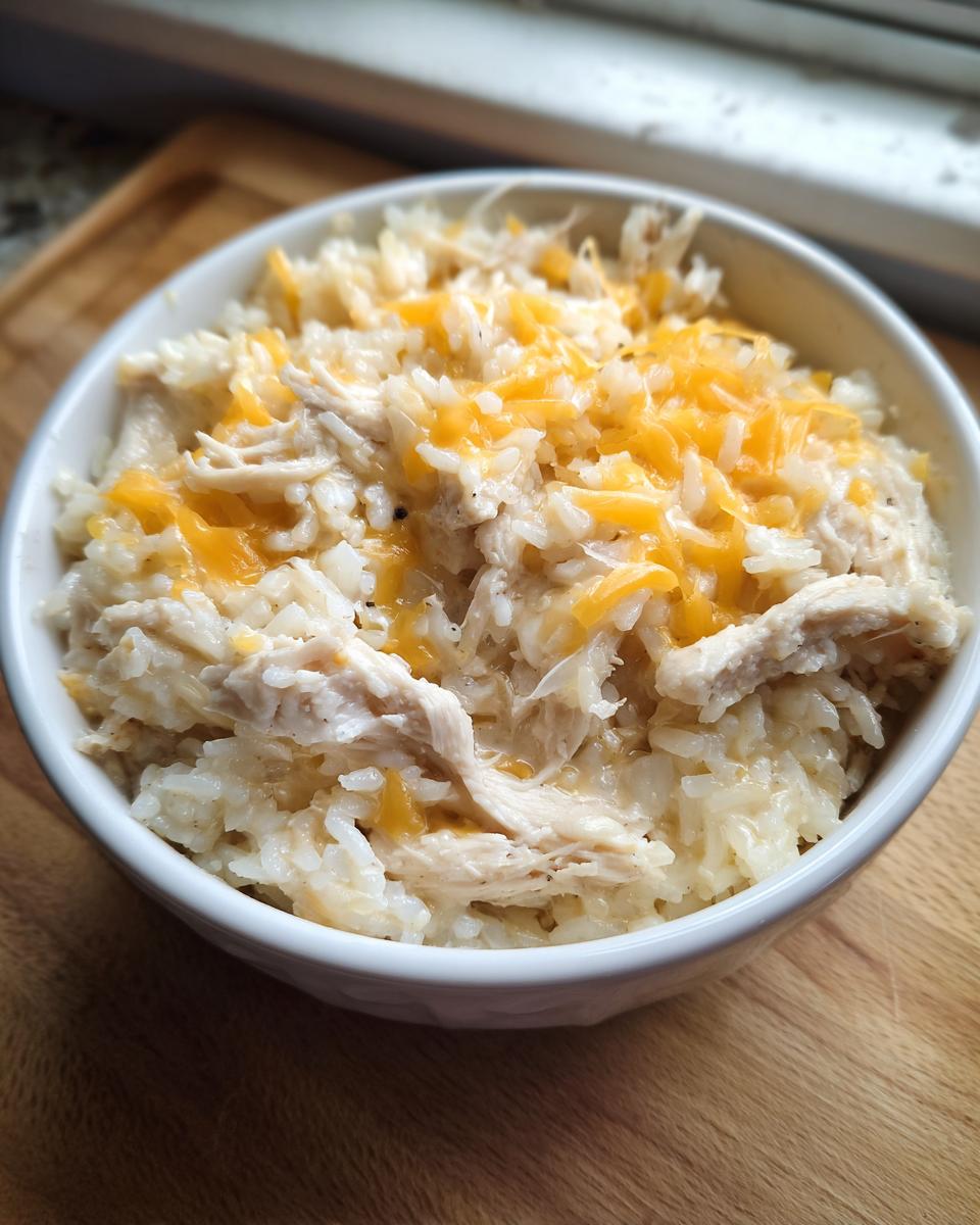 A white bowl filled with creamy crock pot chicken and rice topped with melted shredded cheddar cheese.