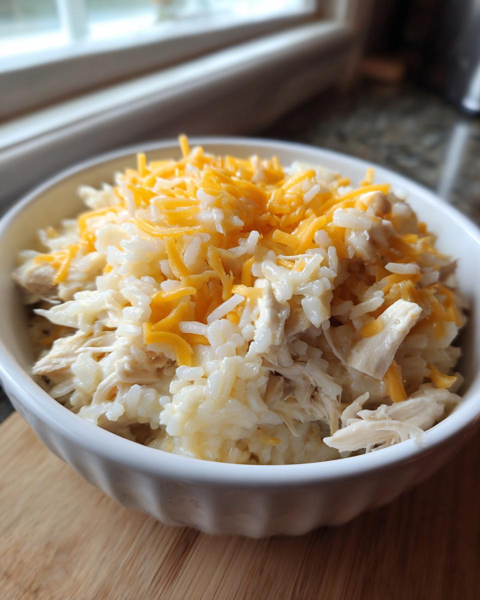 A white bowl filled with creamy crock pot chicken and rice, topped generously with shredded cheddar cheese.