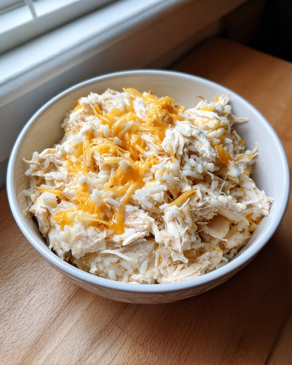 A white bowl filled with creamy crock pot chicken and rice topped with melted shredded cheddar cheese.
