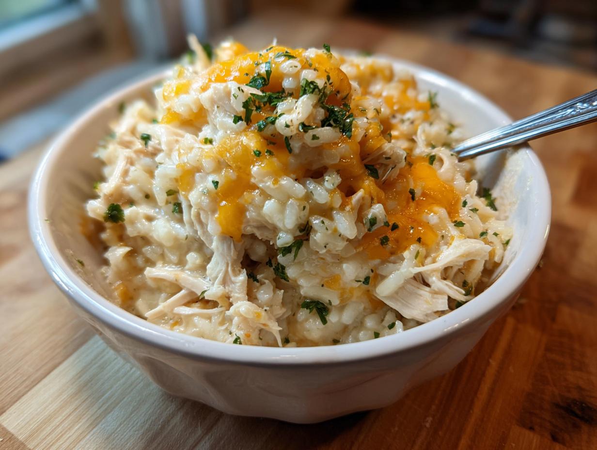 Close-up of a white bowl filled with creamy crock pot chicken and rice, topped with melted cheddar cheese and parsley.