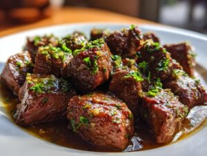 Close-up of tender, dark brown crockpot steak bites swimming in savory sauce and topped with fresh green parsley.