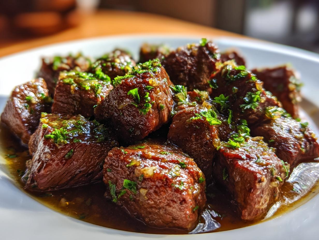 Close-up of tender, dark brown crockpot steak bites swimming in savory sauce and topped with fresh green parsley.