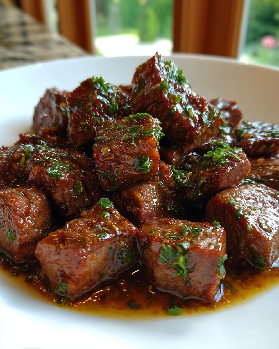 Close-up of tender crockpot steak bites coated in a savory brown sauce and topped with fresh green herbs.