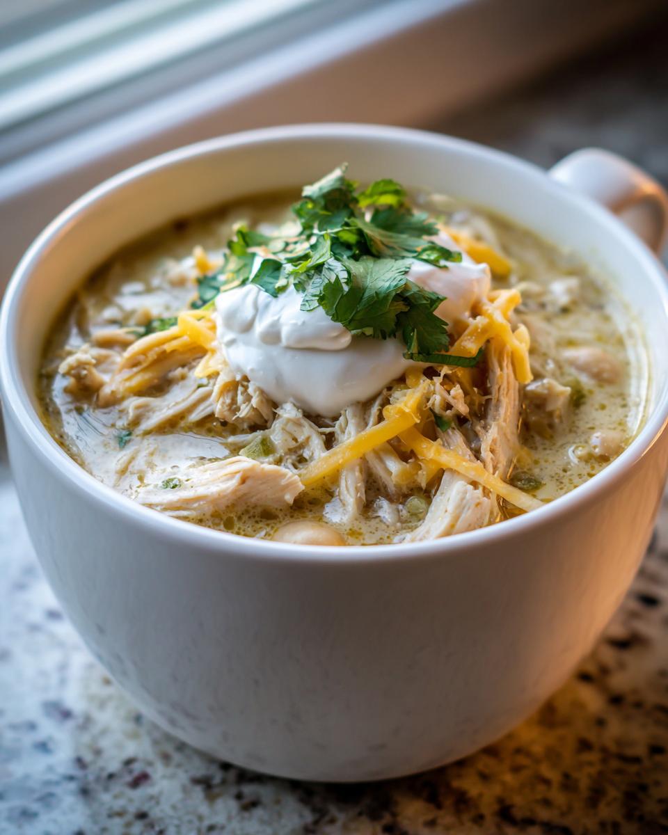 A close-up of a white bowl filled with creamy crockpot white chicken chili, topped with shredded cheese, sour cream, and cilantro.